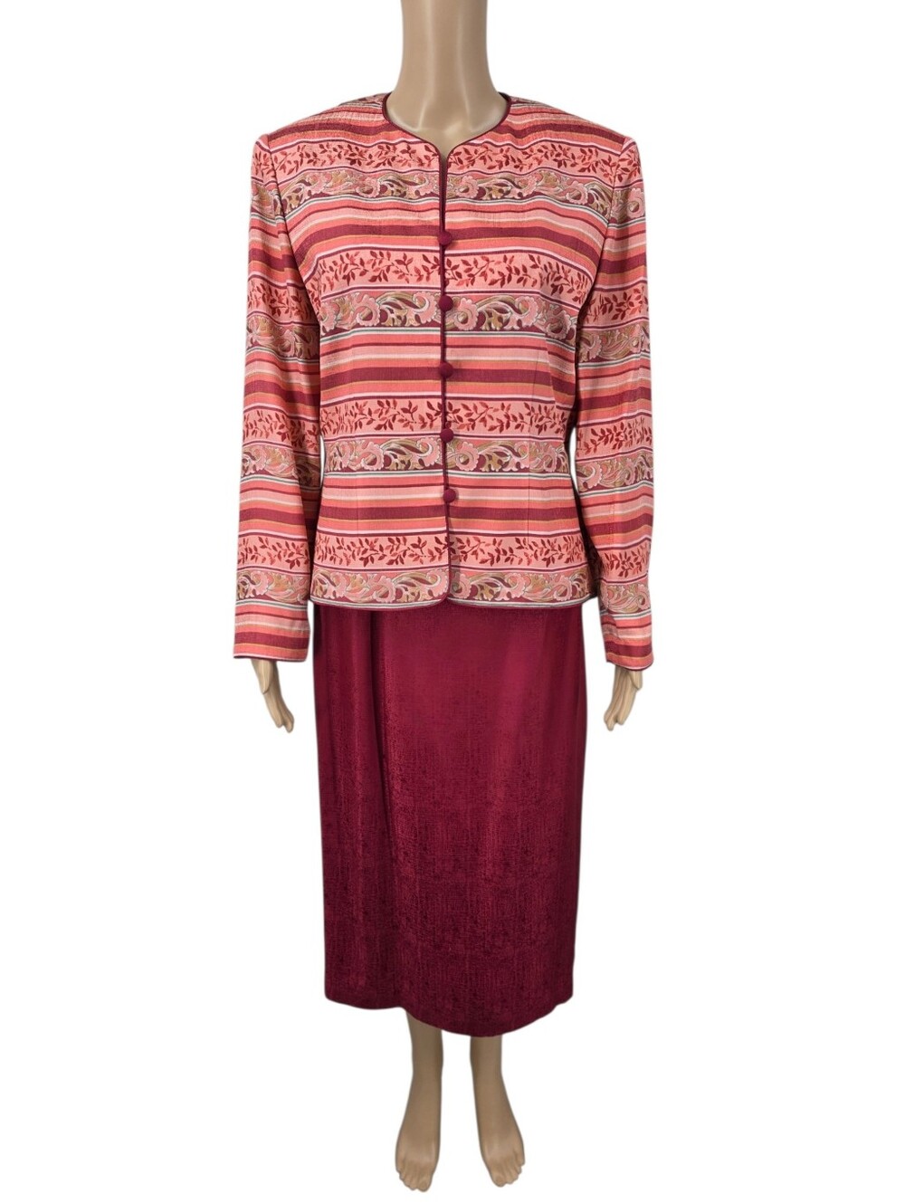 Silk Adrianna Papell Red & Coral Pink Striped Floral Jacket and Skirt Suit Set